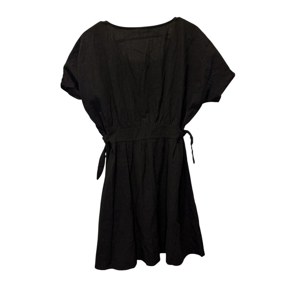 Womens Black Button Front Dress V Neck Tie Waist Short Sleeve Mini Large Classic - Picture 2 of 6